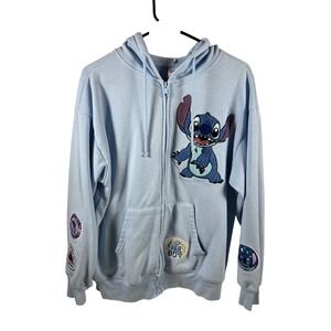 Disney Stitch Zip Up Hoodie L Light Blue Embroidered Patch Fleece Womens